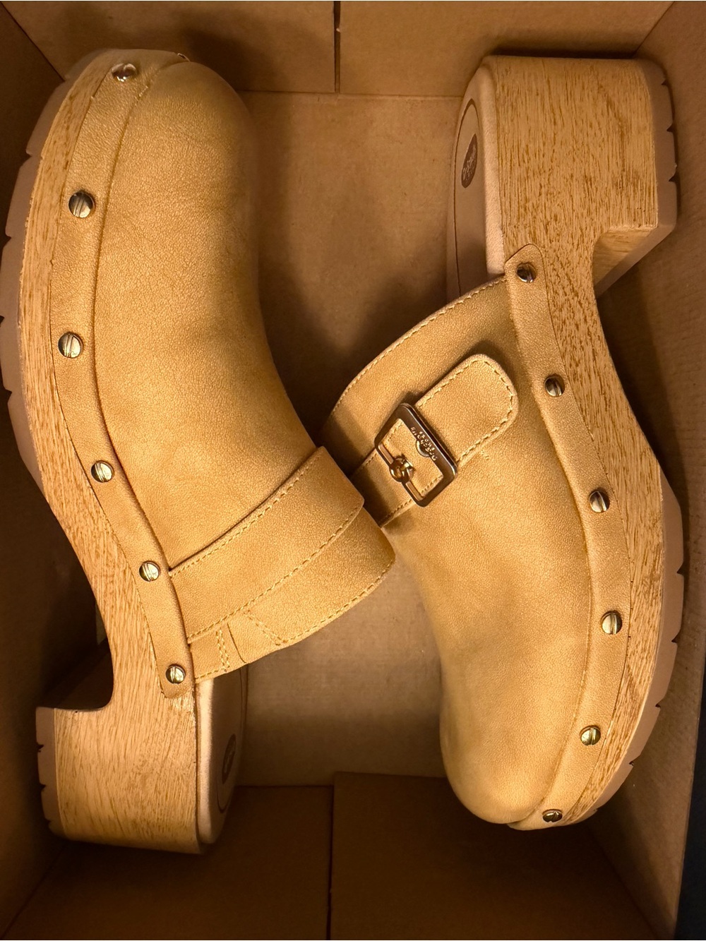 Dr. Scholl's Tan Clog Mules with Stud and Buckle Detail